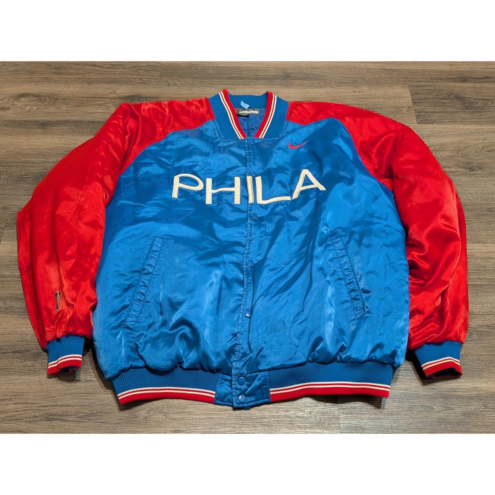 Nike Philadelphia 76ers Satin Bomber Jacket Mens 3XL Blue Red PHILA 76 NBA READ